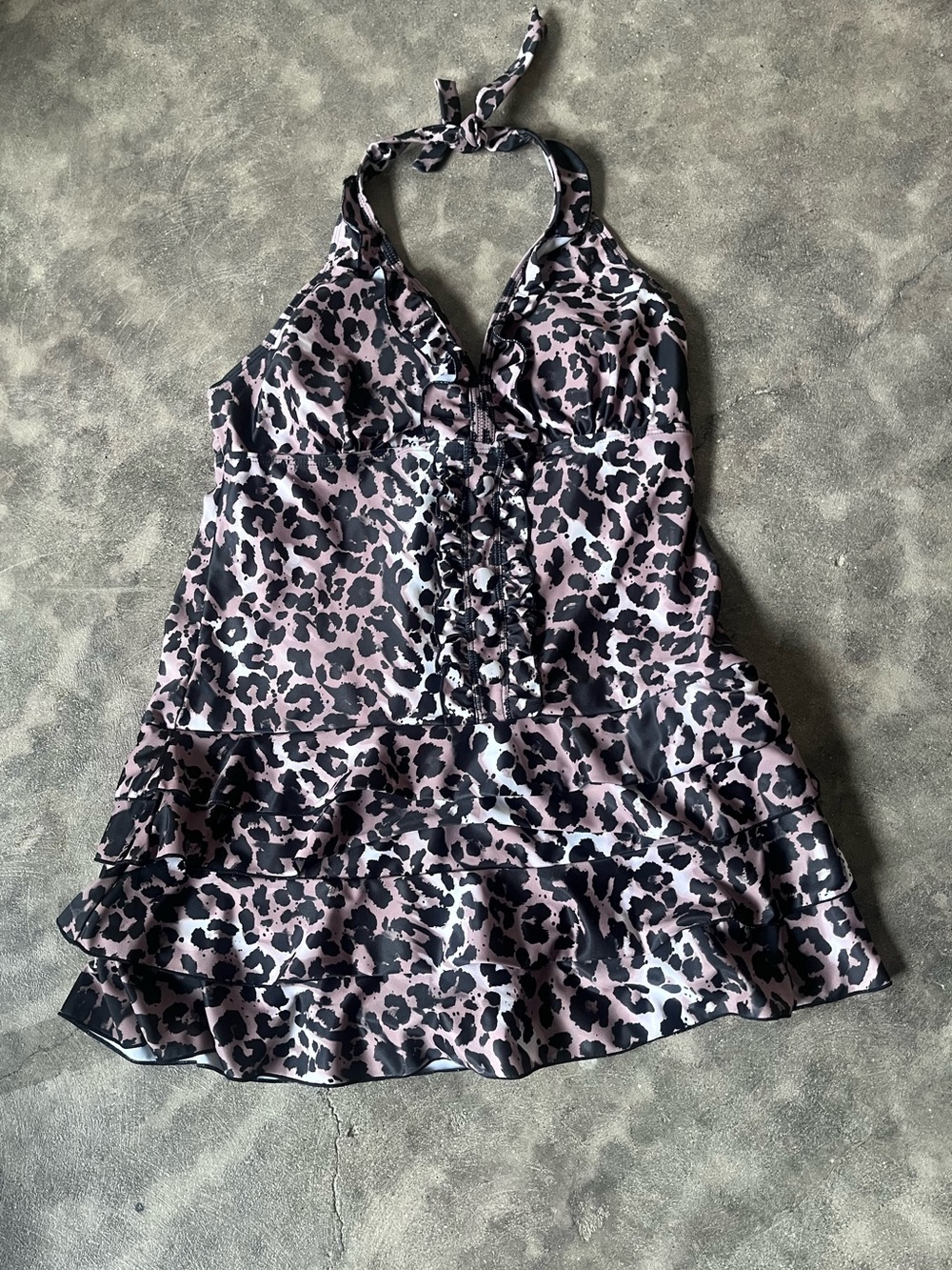 Halter Ruffle Tiered Swimdress in Leopard Print